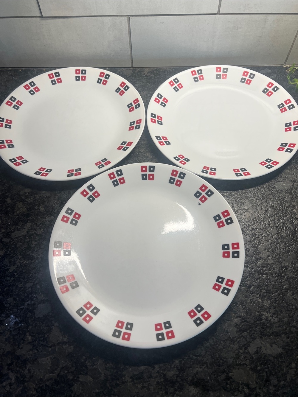 Uptown Vintage Corelle Dinner Plates with Red and Black Square Accent - Set of 3